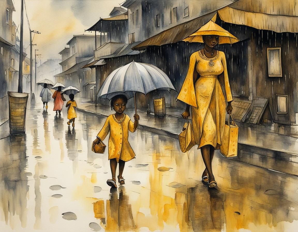 Nigerian woman walking in the rain