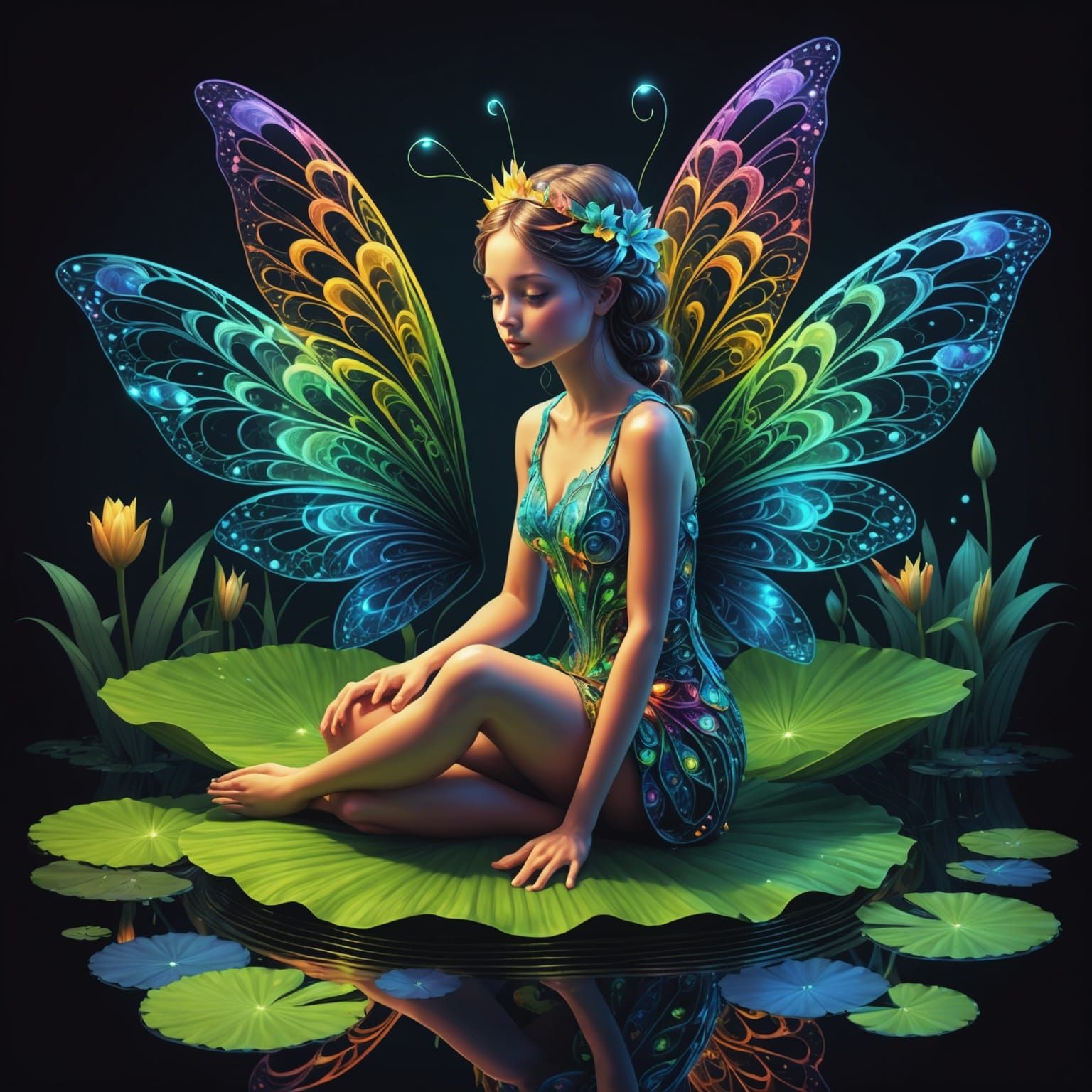 Fairy with Bioluminescent Wings on Lily Pad