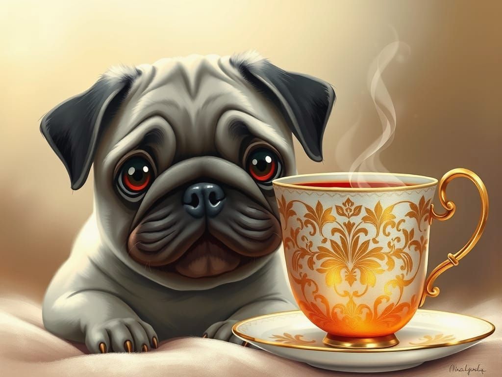 Adorable Baby Pug Beside Luxury Teacup