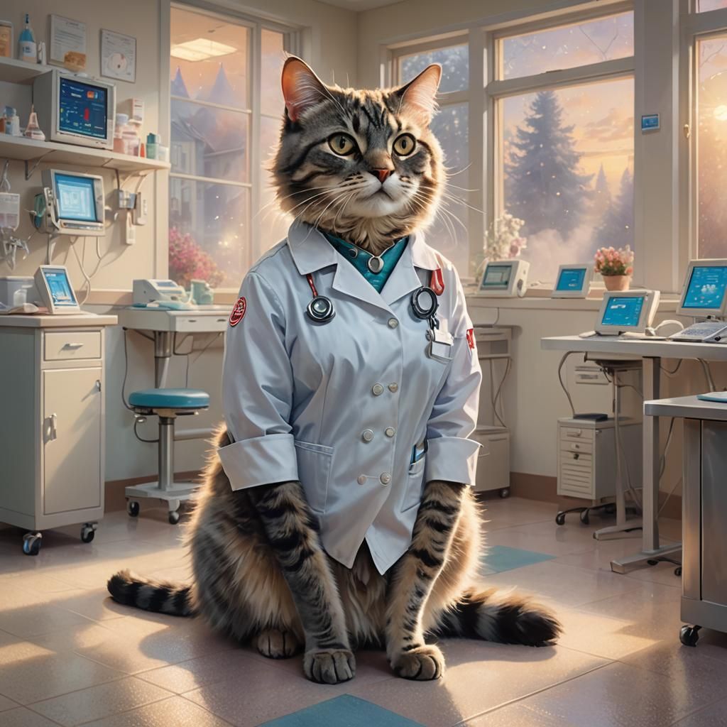 Cat Nurse in Clinic: Ethereal Fantasy Artwork