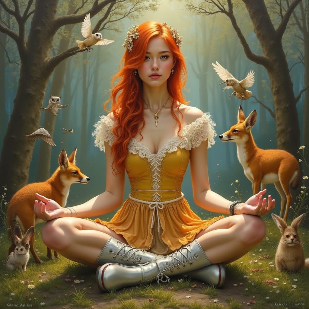 Woman Meditating in Forest Clearing, in Pre-Raphaelite Style