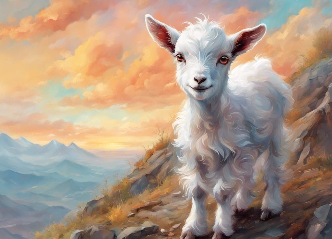 Adorable Chibi Goat Climbs Mountain at Sunrise