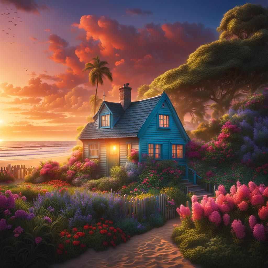 Sunrise Over Beach Cottage With Colorful Garden