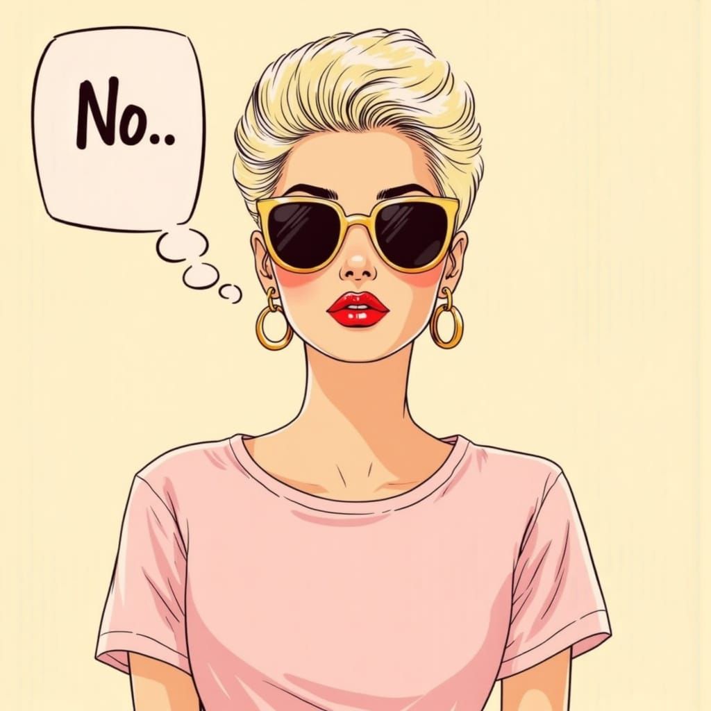 Cartoon Portrait with Platinum Hair and Red Lips