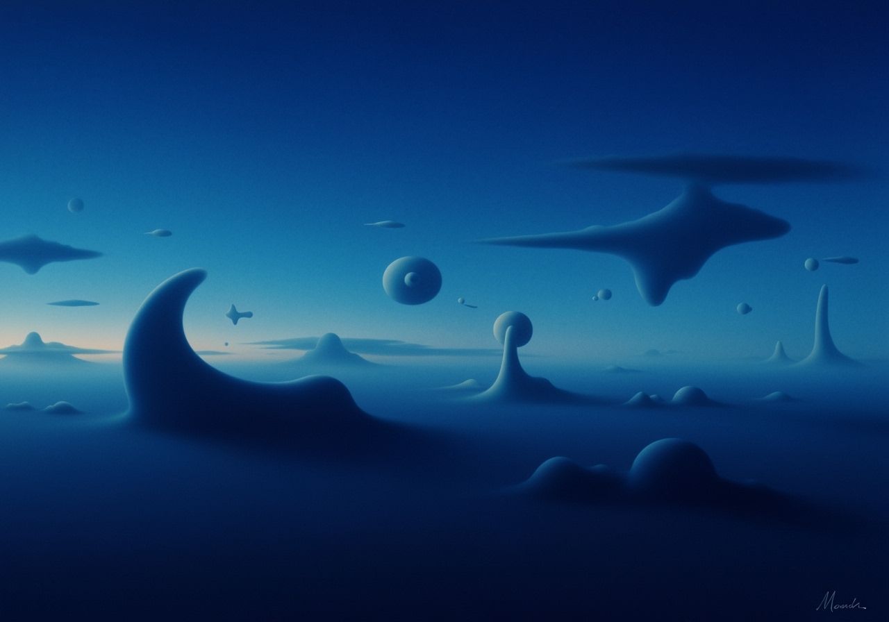 Surreal Blue Dreamscape with Floating Nebulous Forms