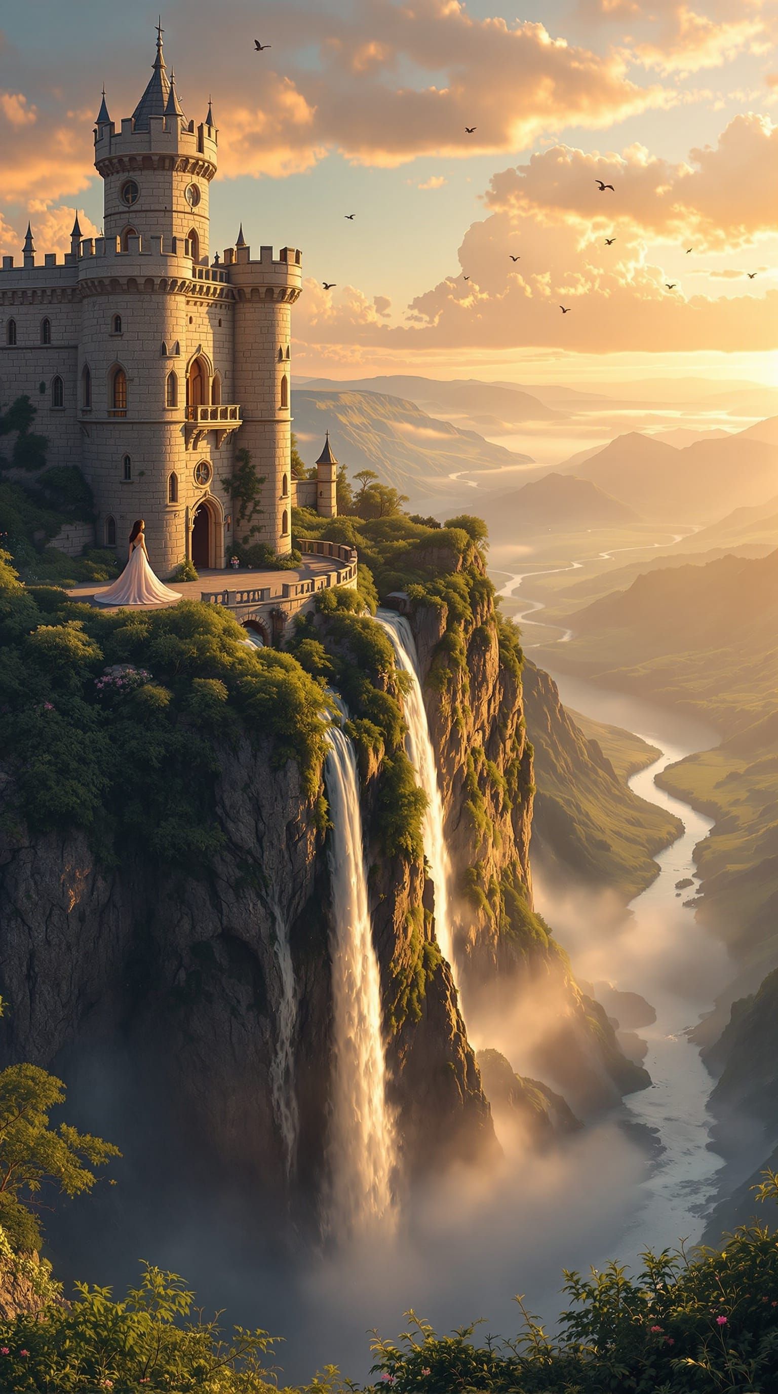Medieval Princess Overlooks Fantasy Landscape at Sunset