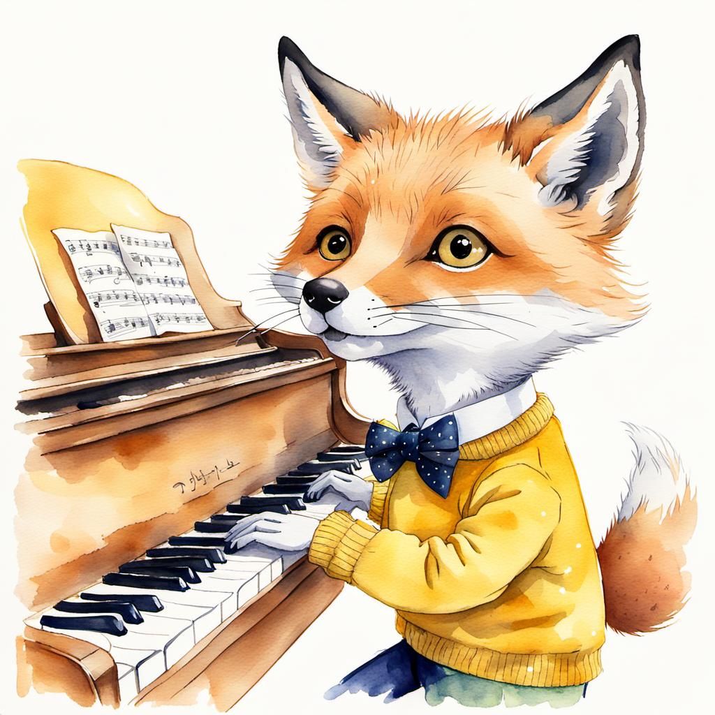 Fox Plays Piano in Whimsical Watercolor Cartoon