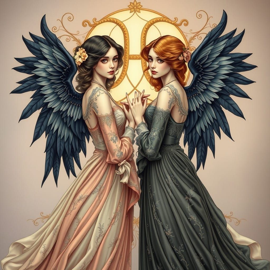 Ethereal Art Nouveau Portraits of Twin Sisters with Raven Wi...