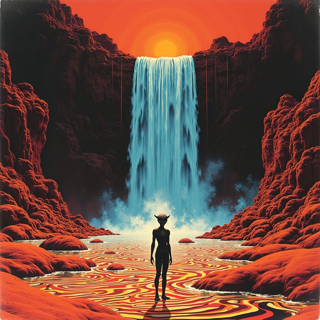 Surreal Psychedelic Op-Art Waterfall LP Cover with Alien Vir...