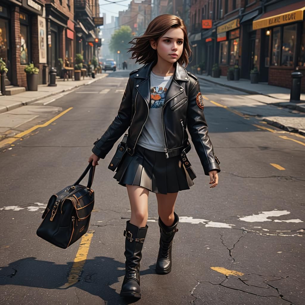 Girl in Black Leather Jacket Walking in Dark City