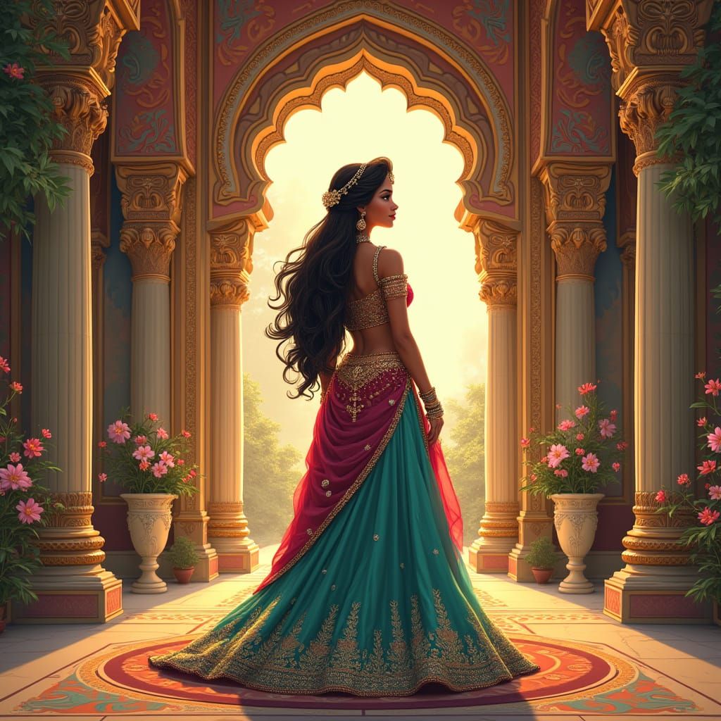 Royal Indian Queen at Palace Entrance in Vibrant Disney-Styl...