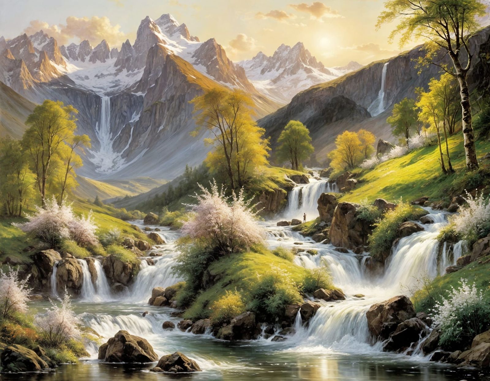 Mountain Landscape at Sunset in Early Spring