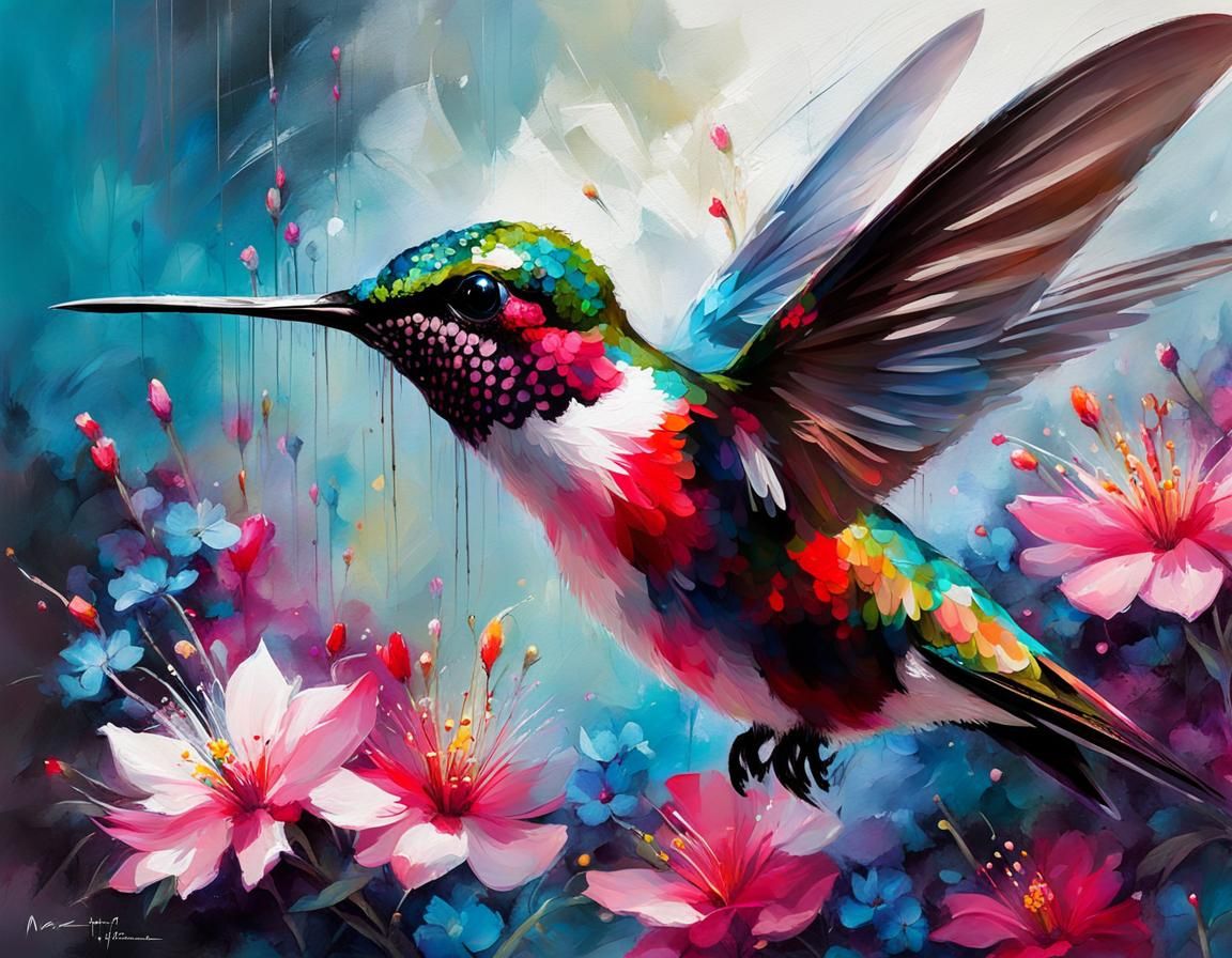 Detailed Hummingbird with Flowers, Oil Painting