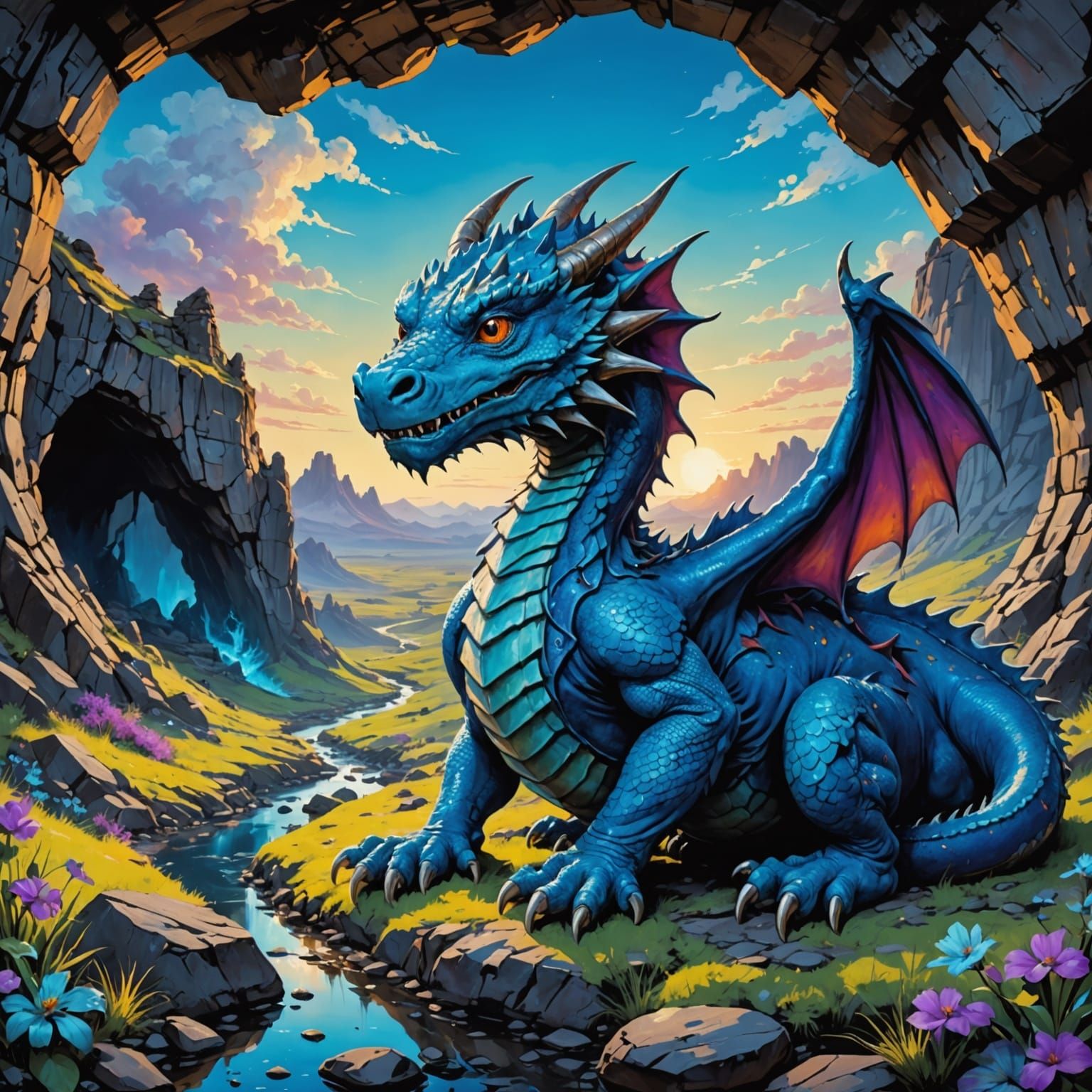 Blue Dragon Rests in Basalt Cave Entrance at Sunset