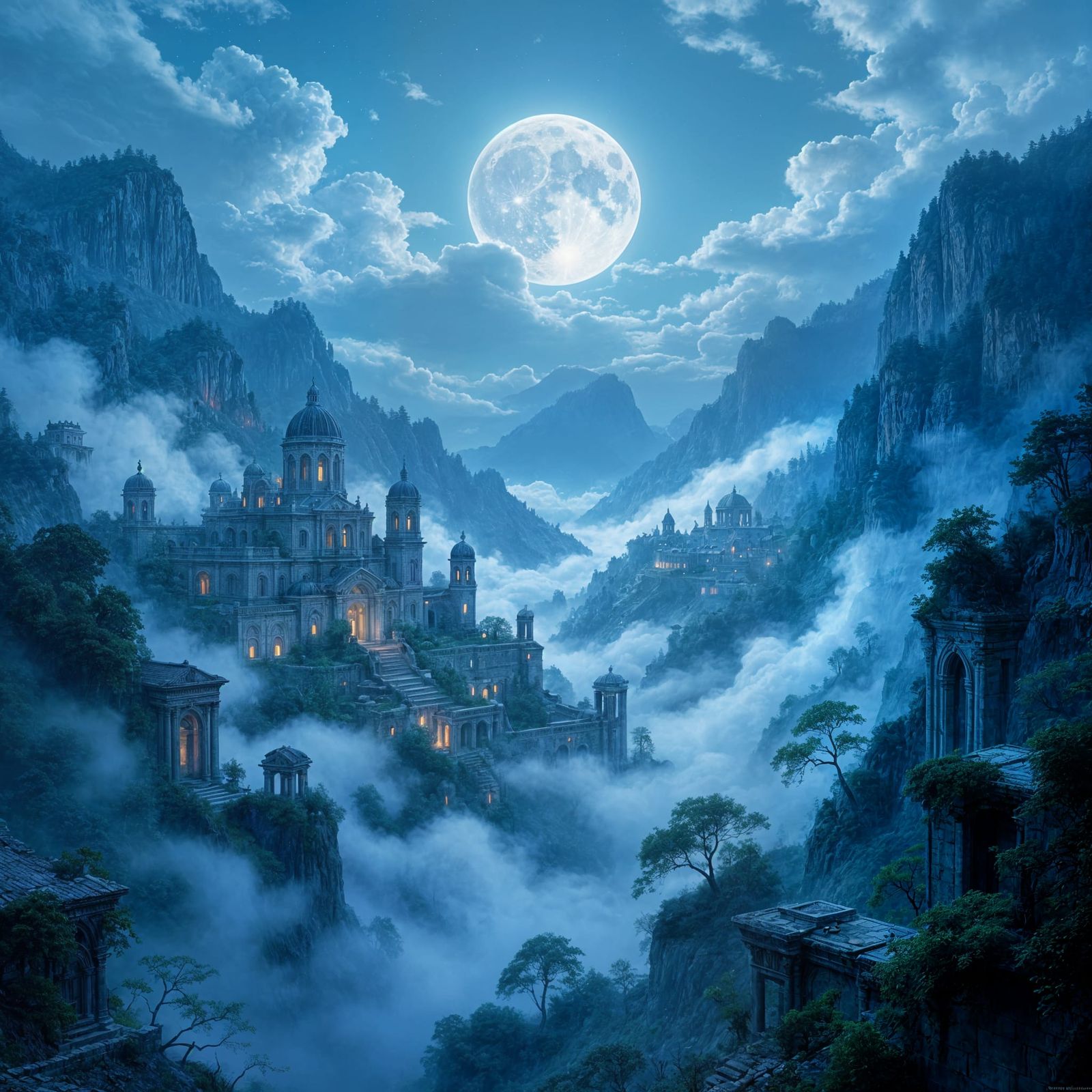 Forgotten City in Moonlit Valley: Digital Painting