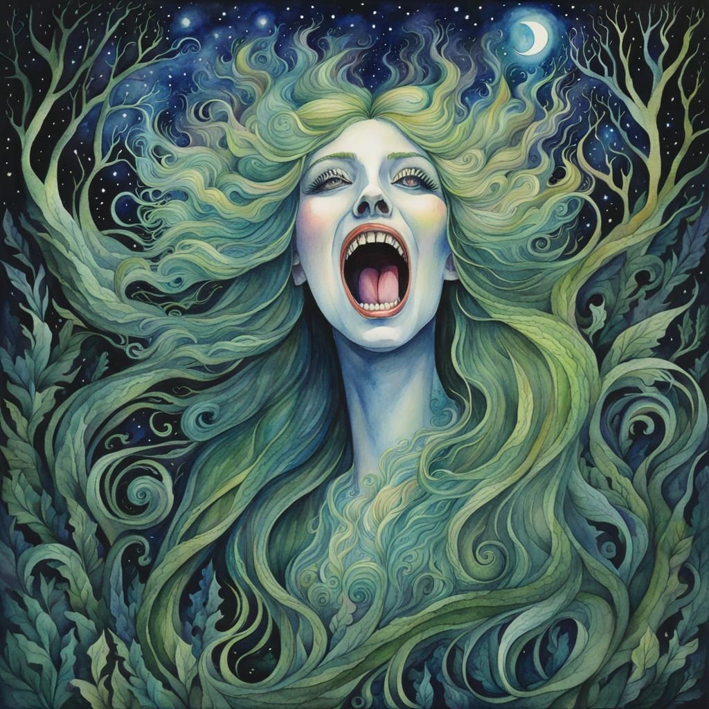 Iridescent Banshee Screaming in Haunted Forest Watercolor