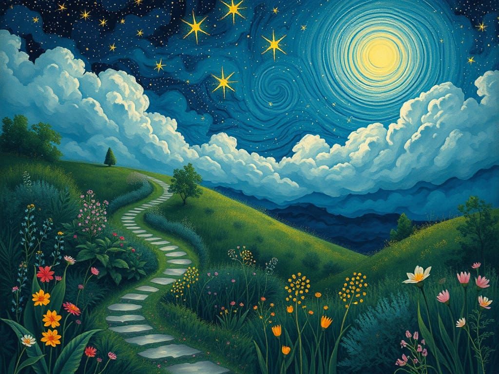 Dreamy Nocturnal Scene with Whimsical Landscapes