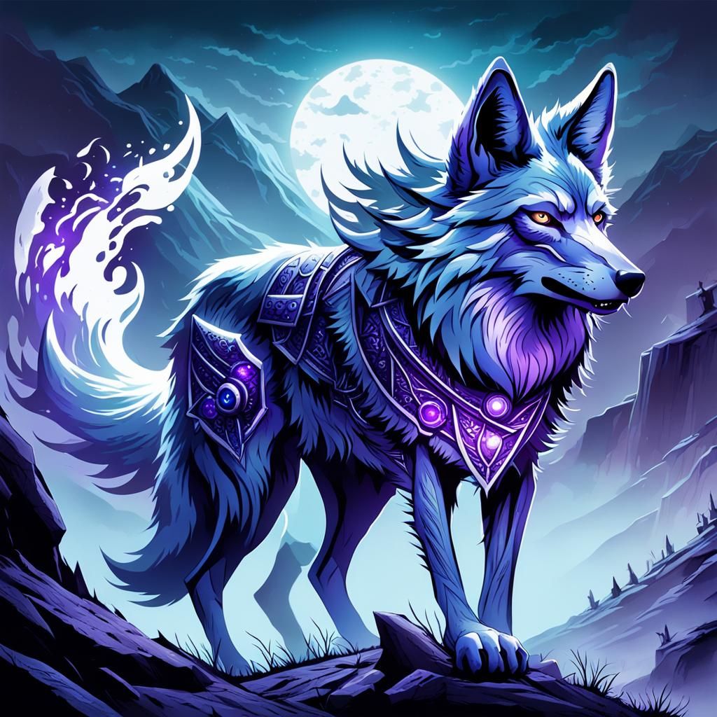 Giant Ghostly Coyote with Purple Amulet, Detailed Matte Pain...