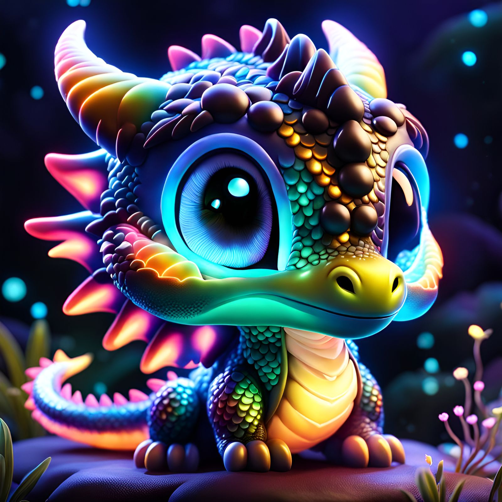Glowing Bioluminescent Baby Chibi Dragon in 8K