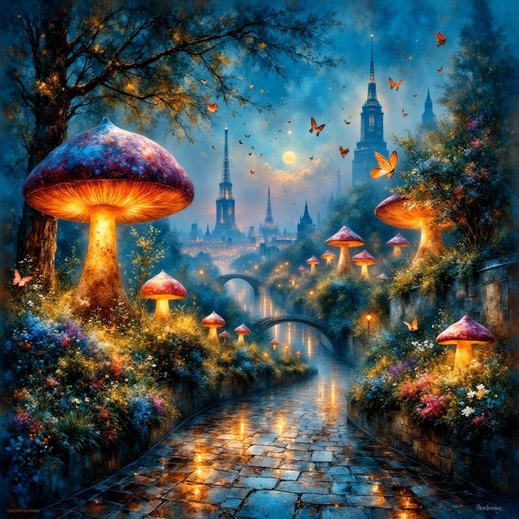 Magical Rooftop Garden in Starry Cityscape