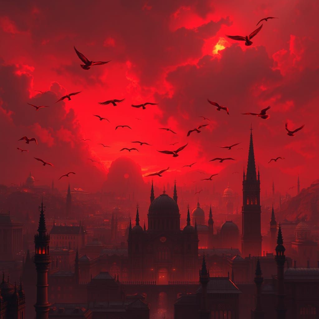 Gothic Cityscape with Red Sky and Birds