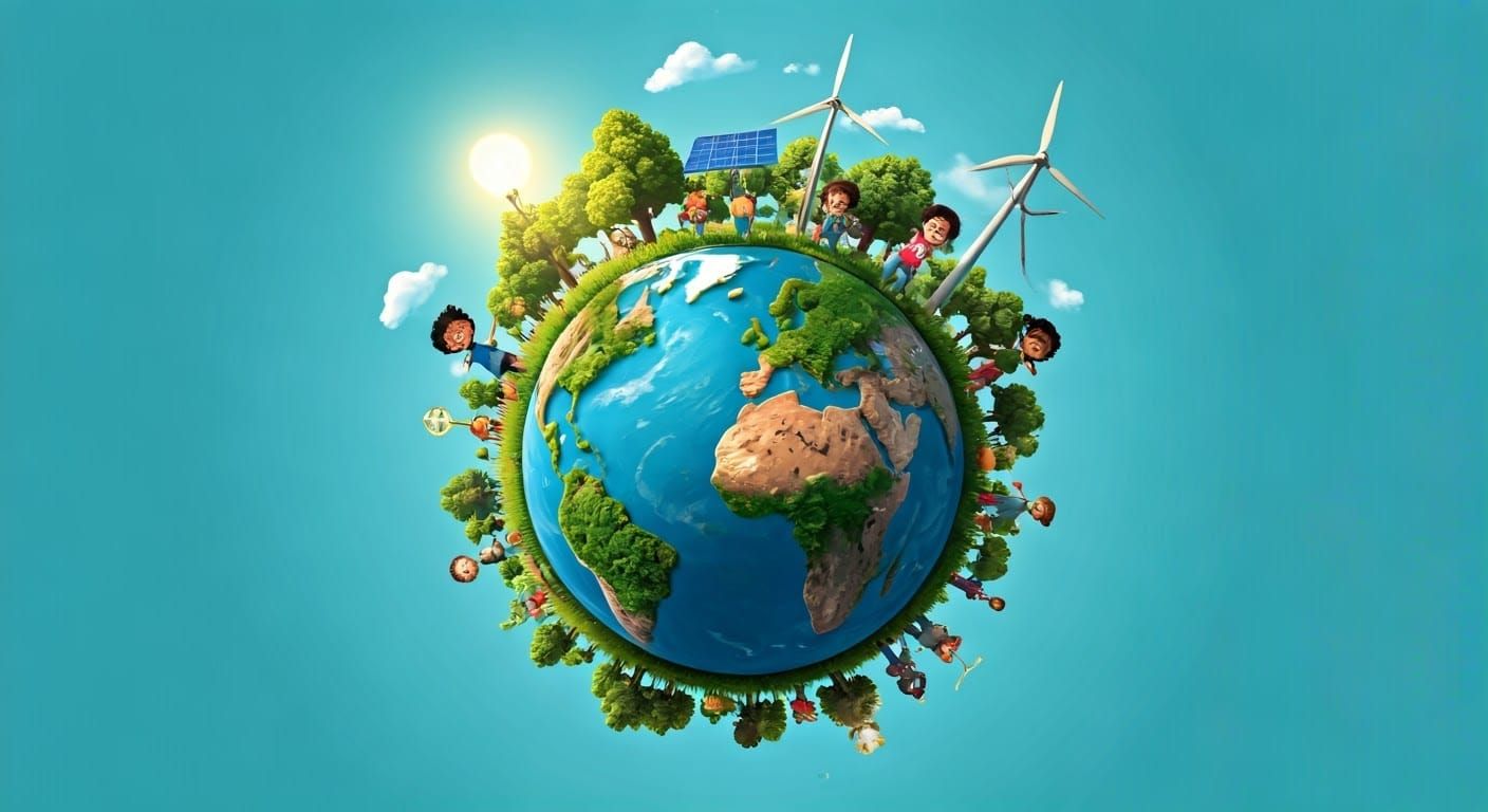 Happy Children Protect Earth with Renewable Energy
