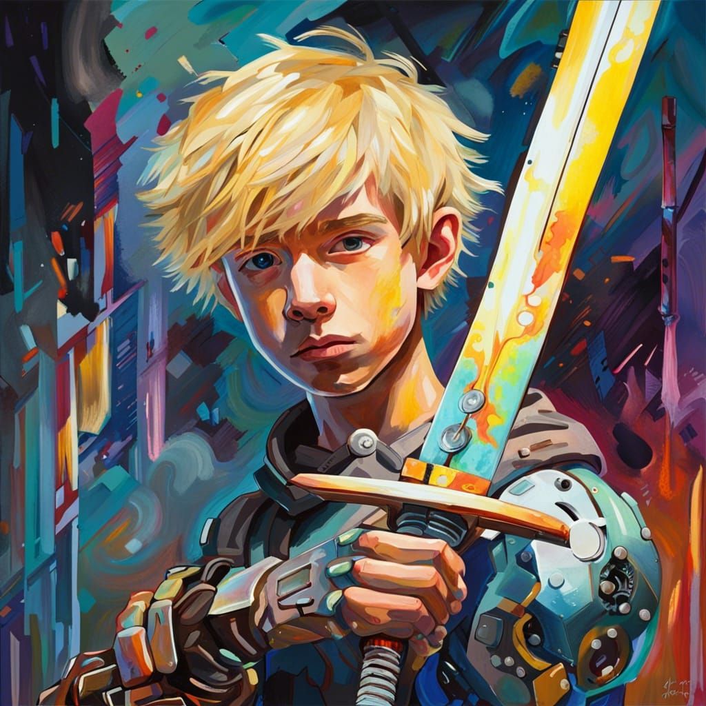 Blond Man with Robot Arm and Electric Sword