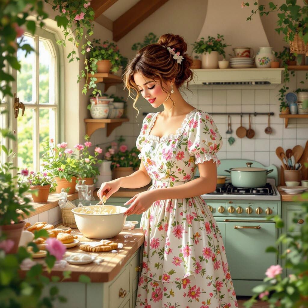 Cozy Cottagecore Baking Scene in Whimsical Style