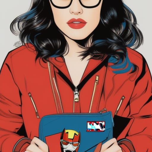 popart style, freckles, City Pop cute Nerdcore girl, marvel drawing style, line contou outline, perfect composition, bag...