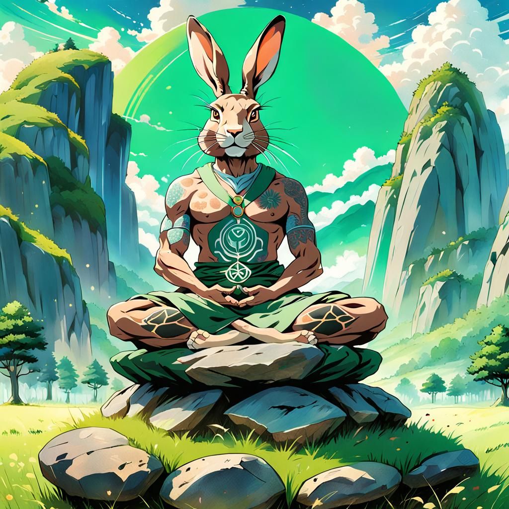 Hare Humanoid Meditating in Anime Style Meadow