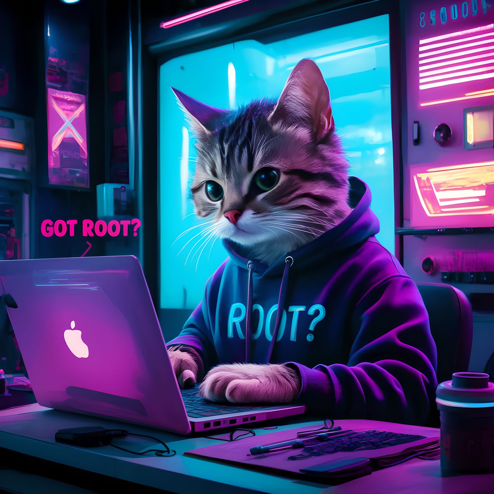 Cyberpunk Hacker Cat with Laptop and Hoodie