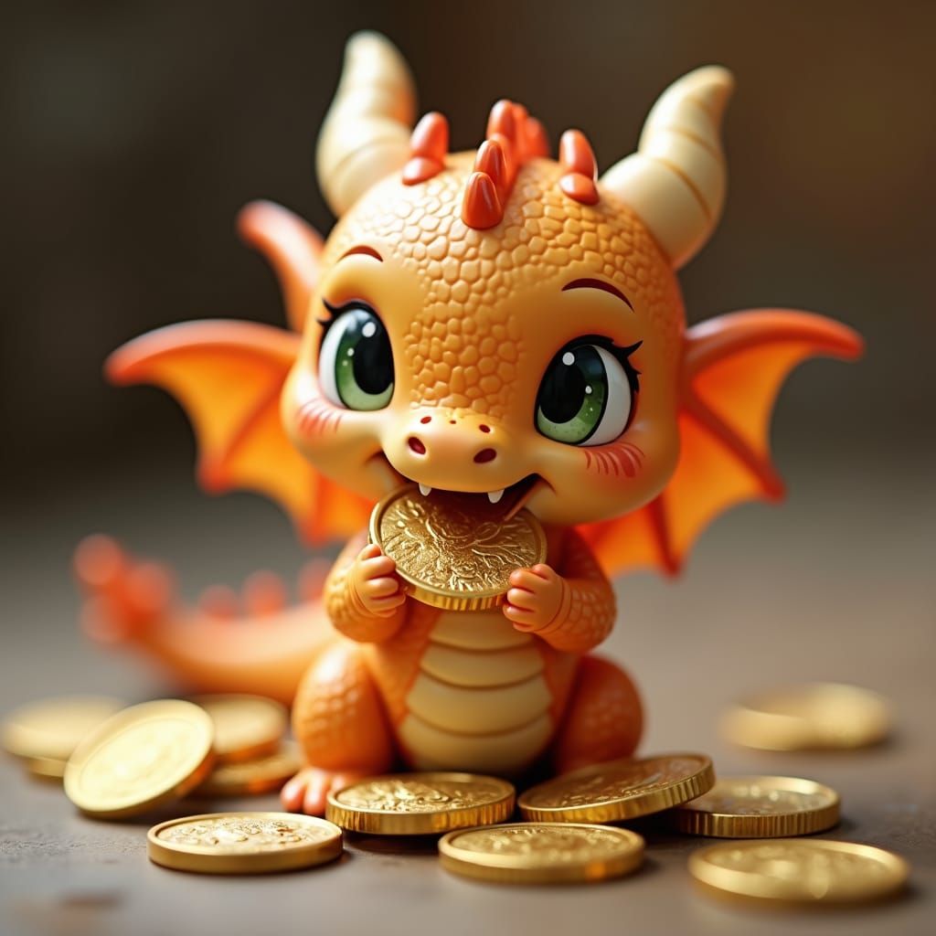 A cute miniature baby dragon eating gold coins