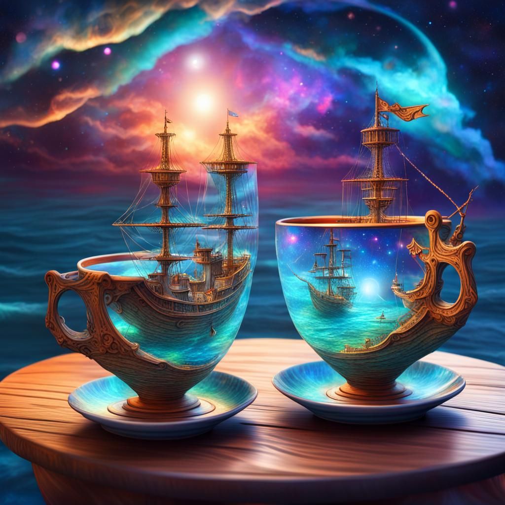 Cosmic Pirate Ship Battle in Coffee Cup