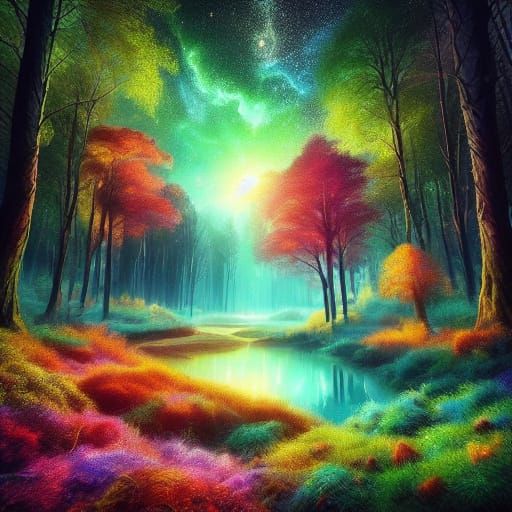 Surreal Woodland Scene in Vibrant Op Art Style
