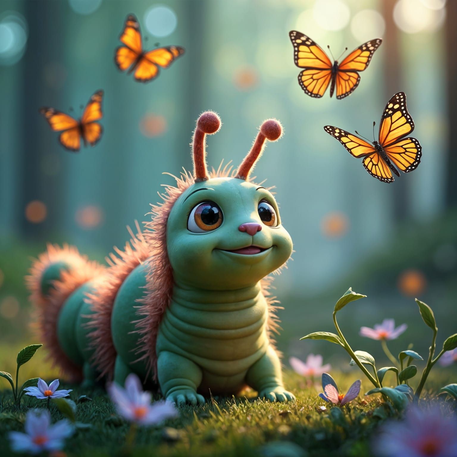 Adorable Caterpillar with Butterflies in 3D Digital Art