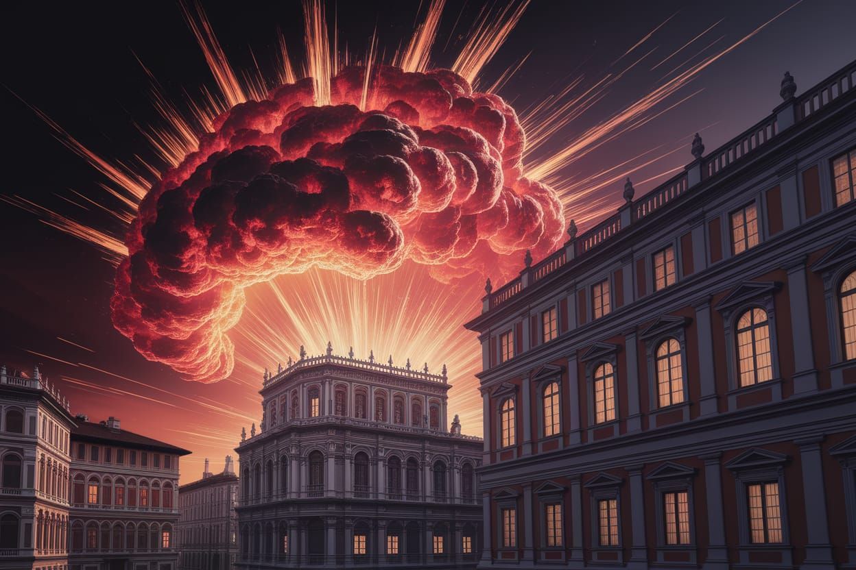 Explosion Over Renaissance Buildings in Digital Art
