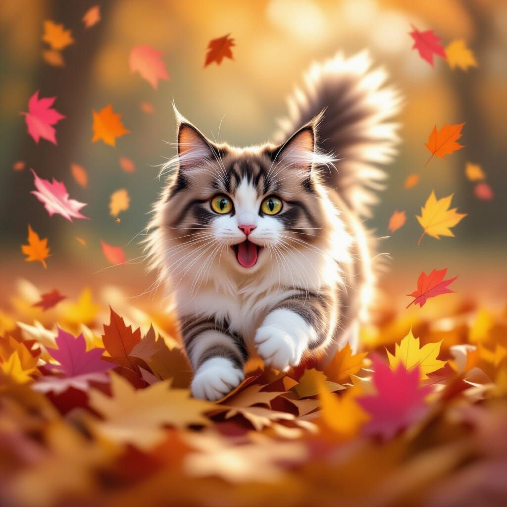 Ragdoll Cat Pounces on Swirling Pastel Autumn Leaves