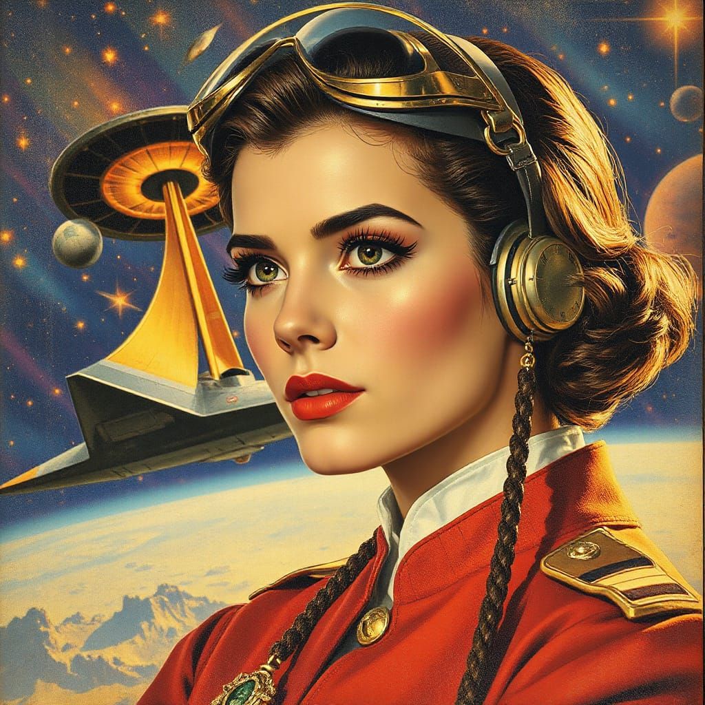 Brave Spaceship Captain in 1950s Retrofuturistic Style