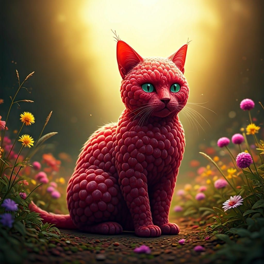Raspberry Cat in Vibrant Hyperrealistic Landscape