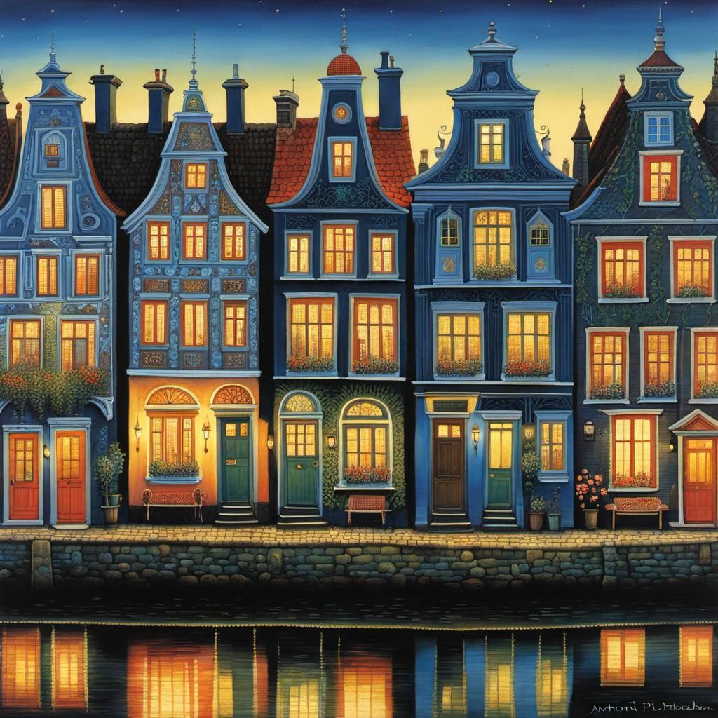 Dutch Houses in Evening Light, Storybook Illustration