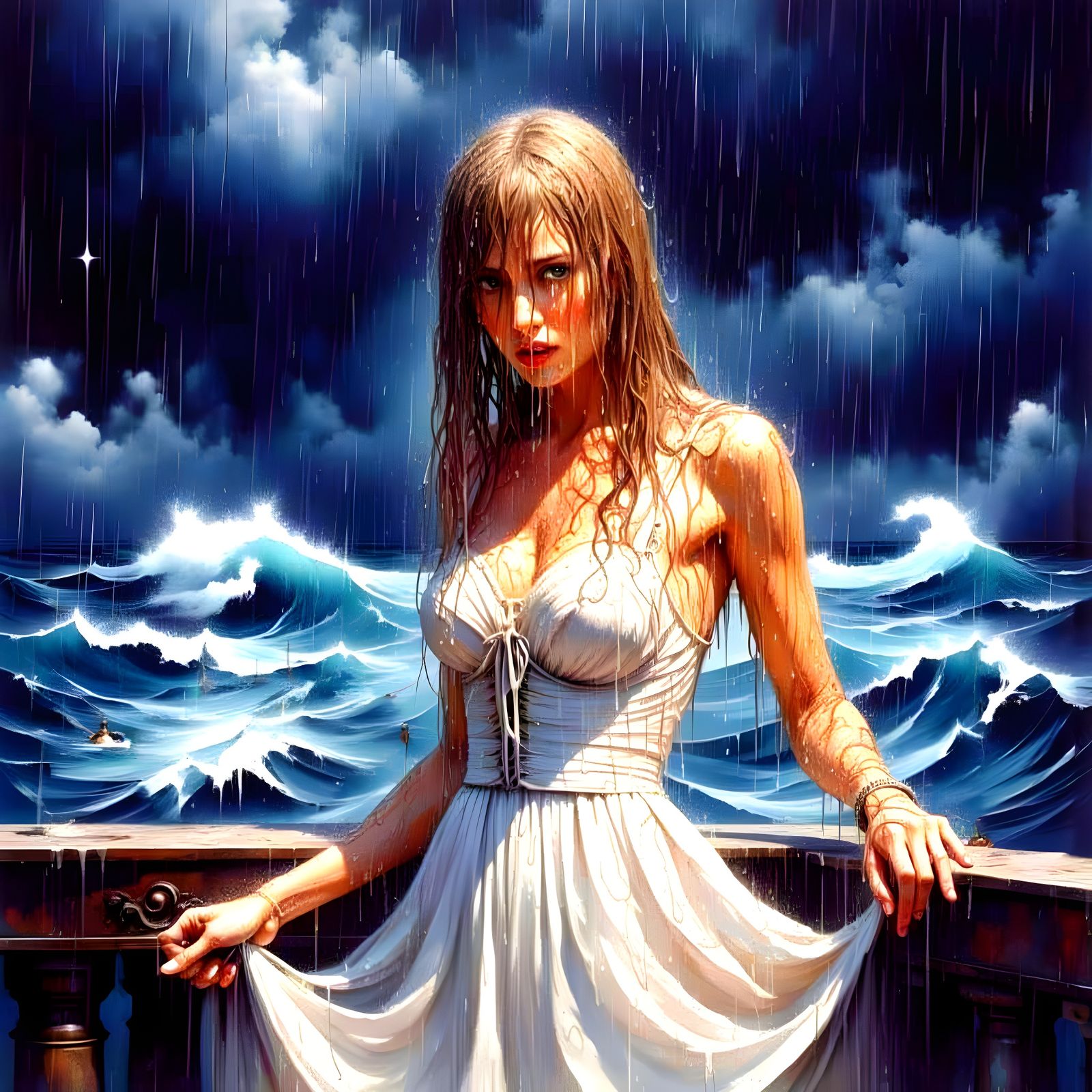 Melancholic Princess Diana in Stormy Oil Painting