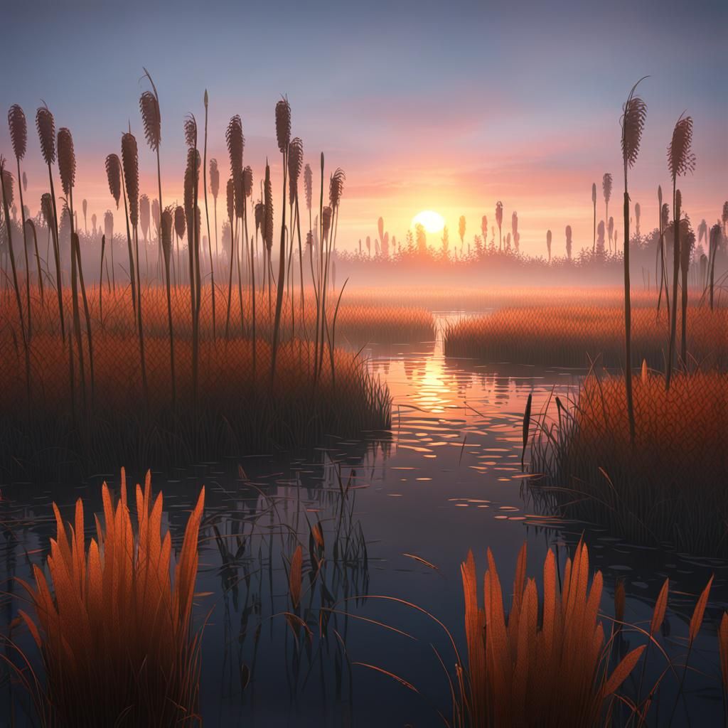 Hazy Sunrise Over a Fantastical Swamp