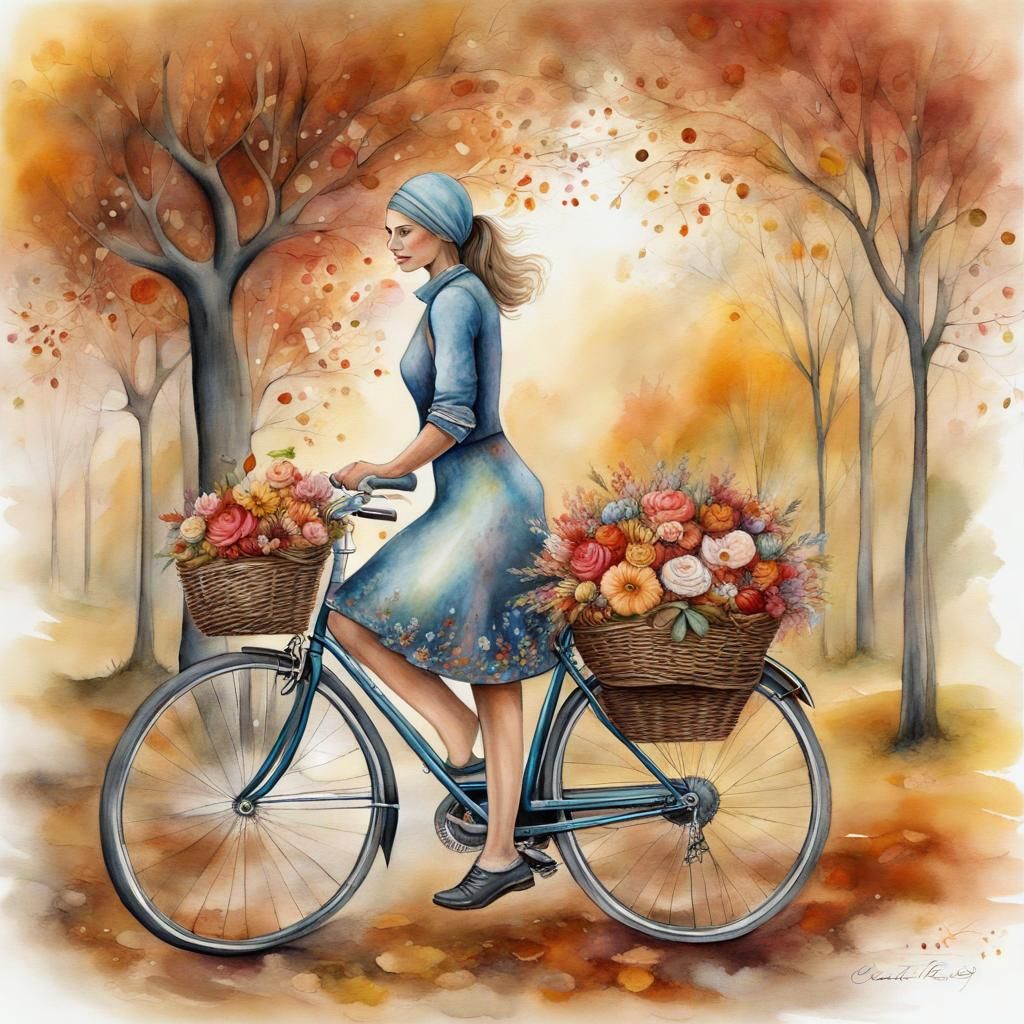 Woman Cyclist with Flowers and Autumn Trees