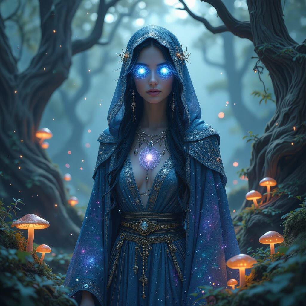 Dramatic portrait. A celestial druidess with glowing galaxie...