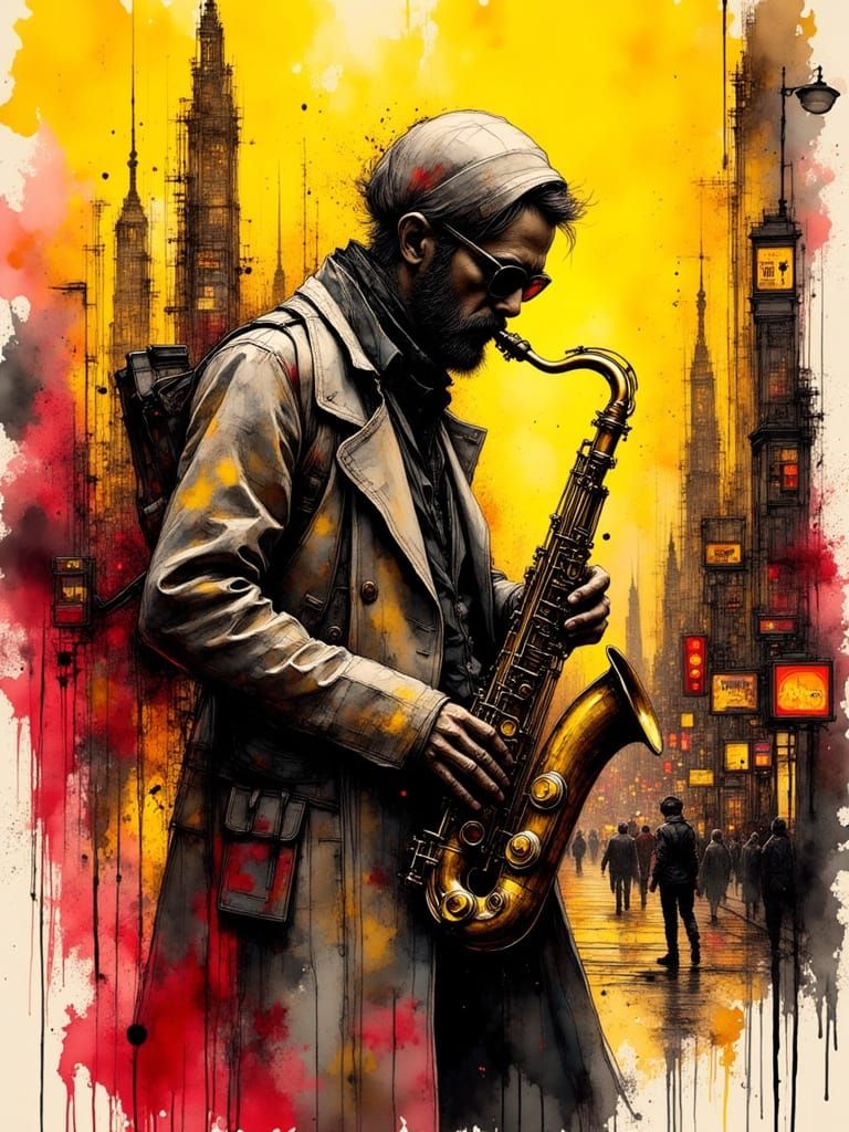 Cyberpunk Jazz Saxophonist in Geometric Cityscape