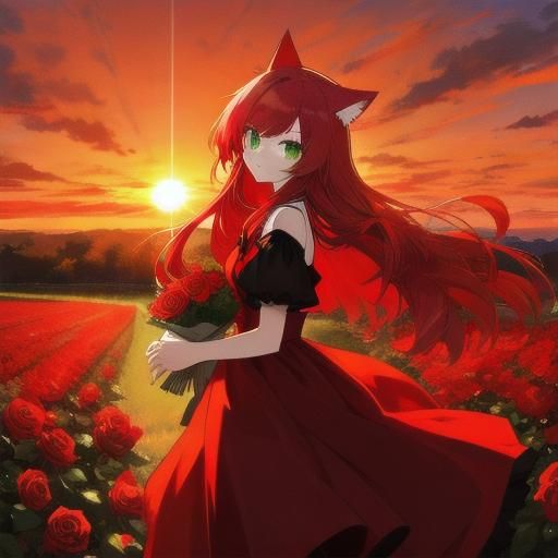Red-Haired Girl with Cat Ears at Sunrise