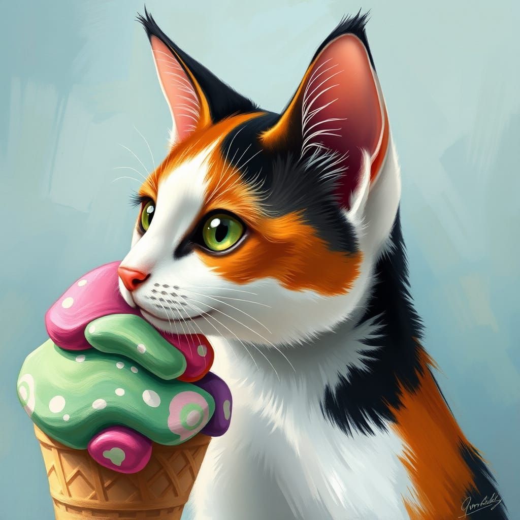 Vibrant Calico Cat Enjoys Whimsical Ice Cream Treat