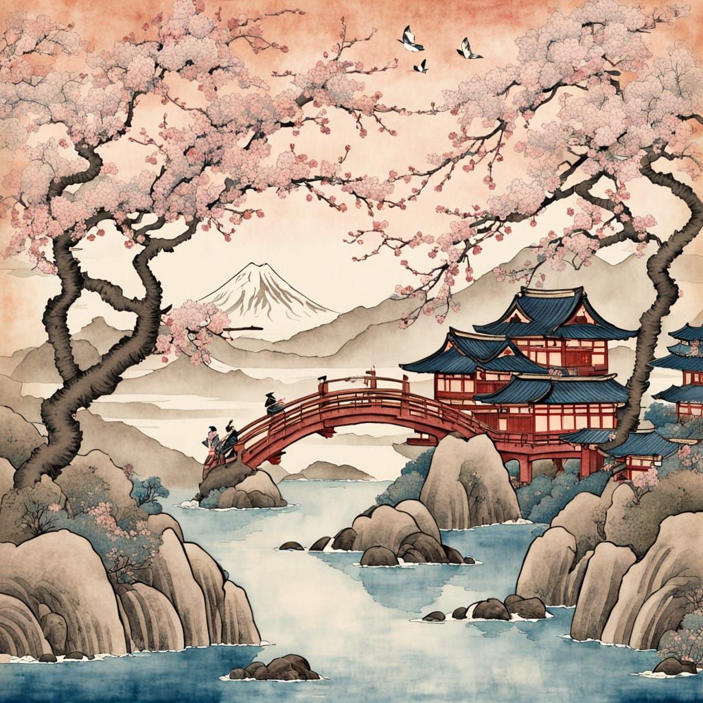 Traditional Japanese Scene with Cherry Blossoms in Soft Wate...