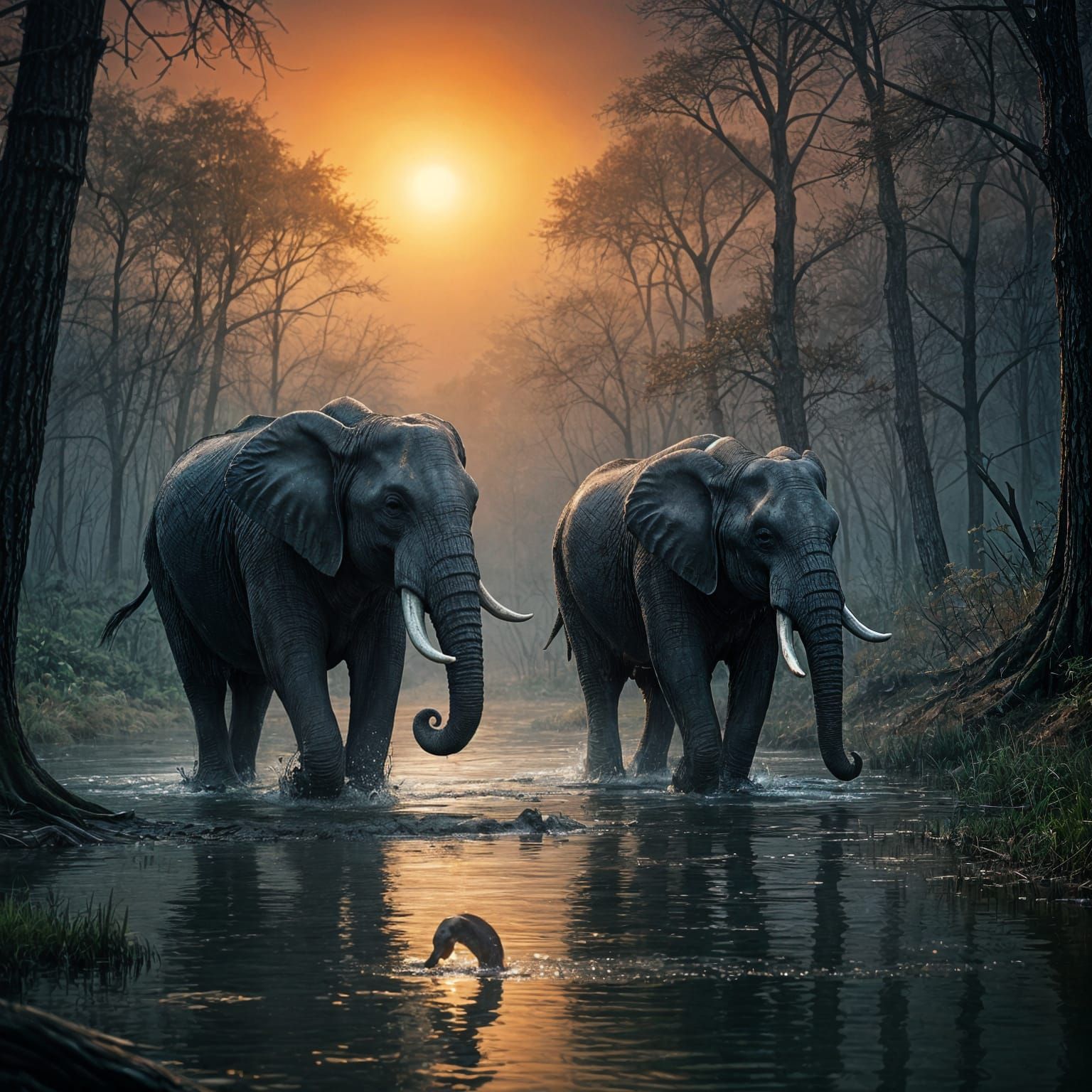 Scary Elephants Run Through Colorful Desolate Forest