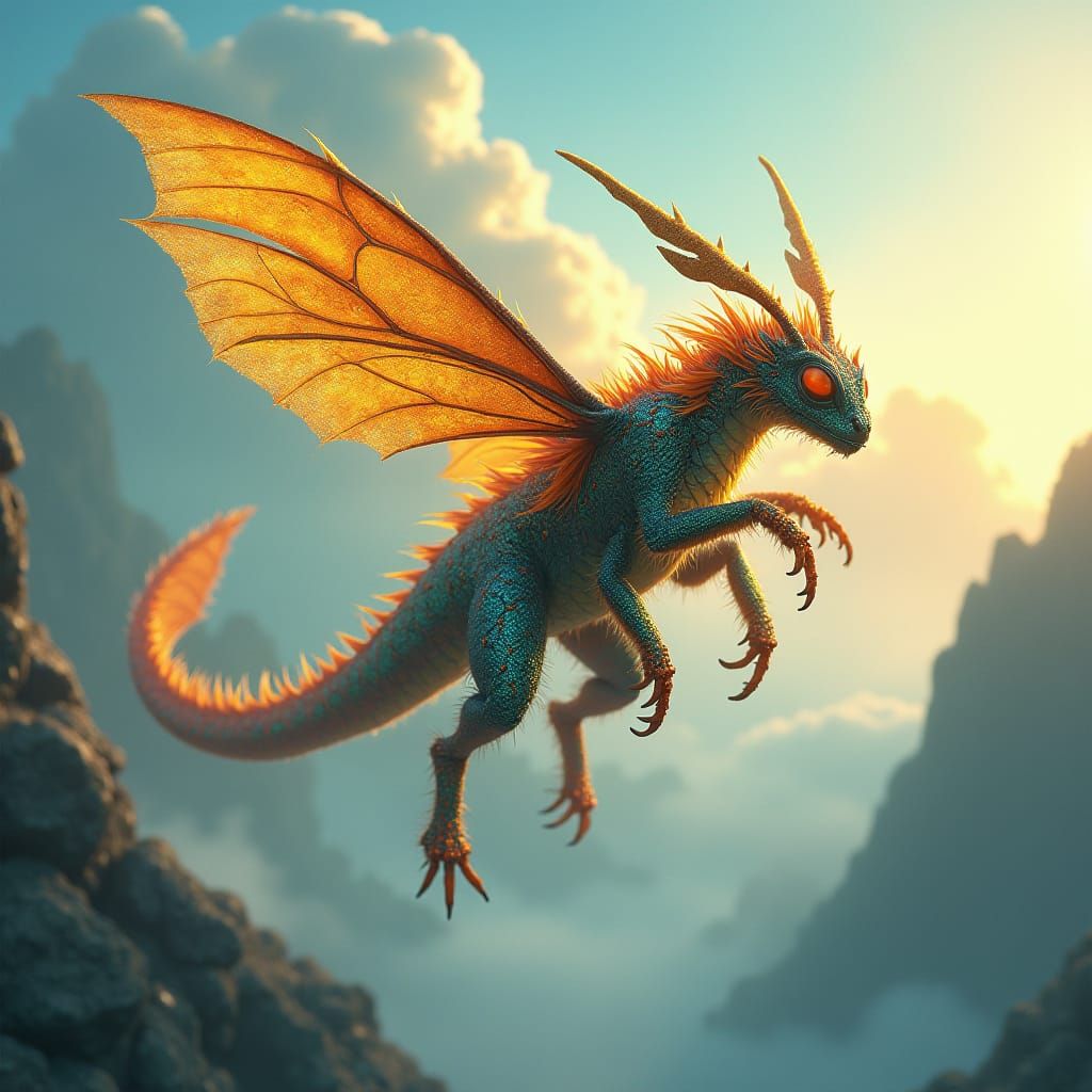 Bumblebee-Dragon Soaring in Dreamlike Landscape
